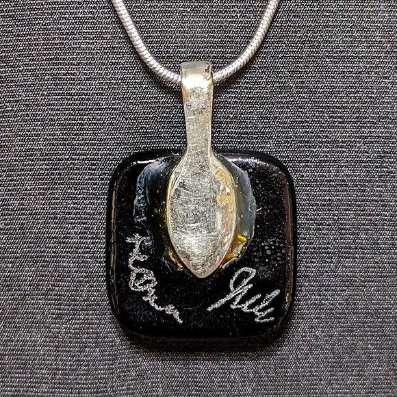 Postmodern Signed Iridescent Dichroic, Lime Green Glass Pendant w/Sterling Chain - Picture 3 of 6